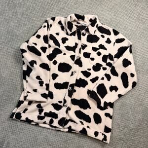 Vintage retro y2k white/black cow print fleece button down shacket onque sport L
